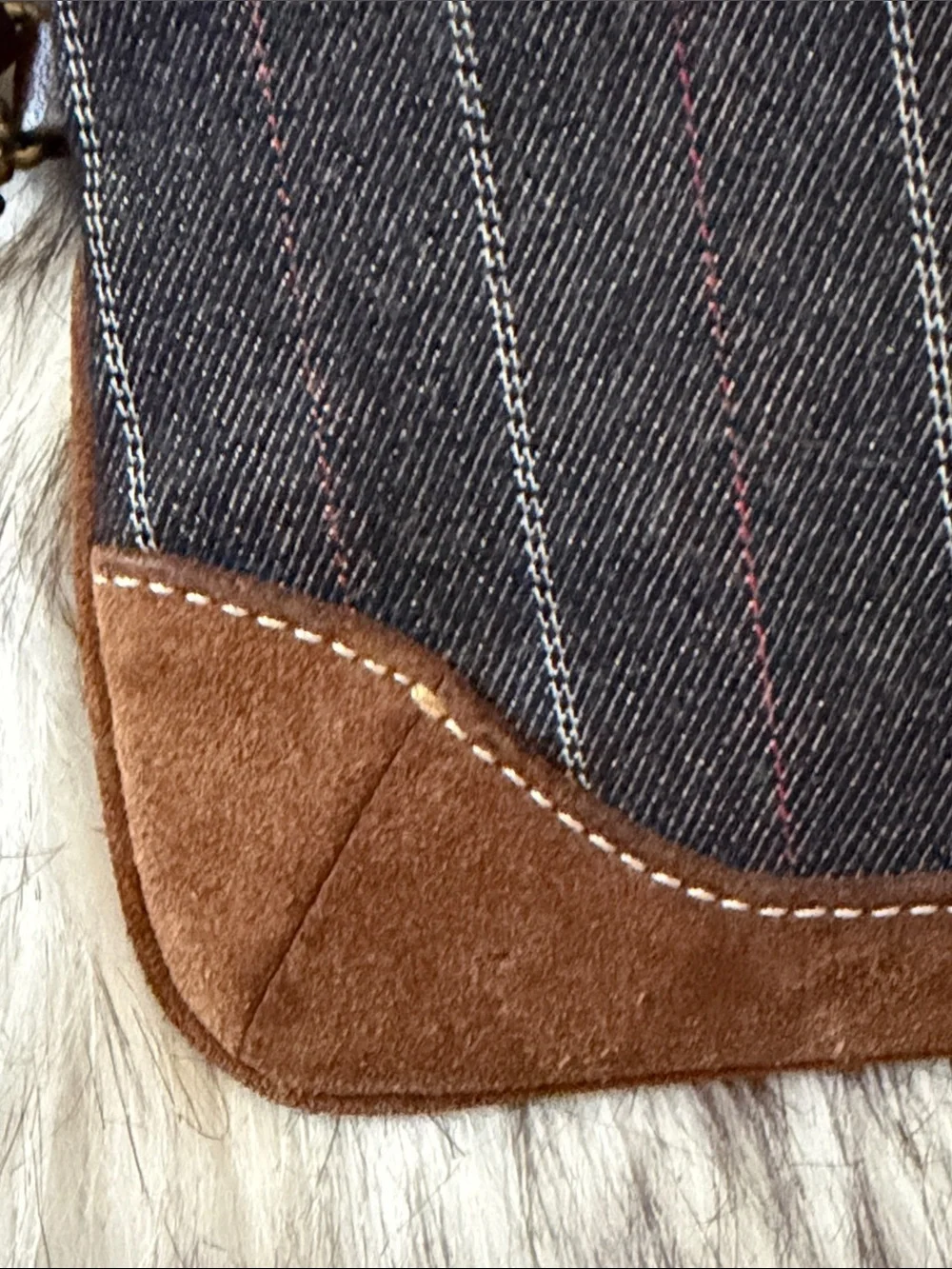 Coach denim Pinstripe Wristlet with Brown Suede Trim